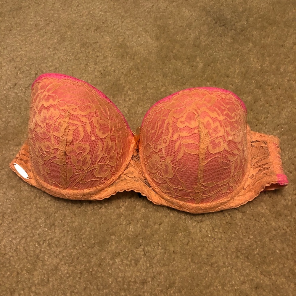 orange and pink strapless bra